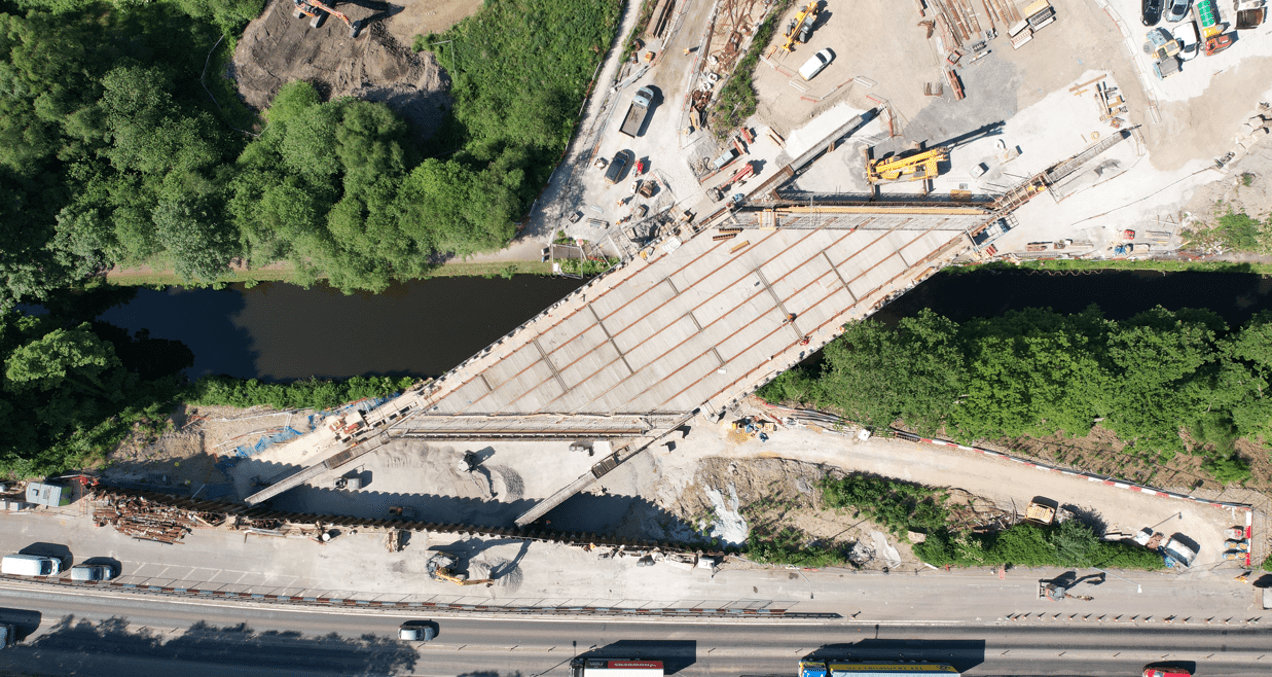 Top down view of the new bridge at Salterhebble showing work in progress on the structure. 